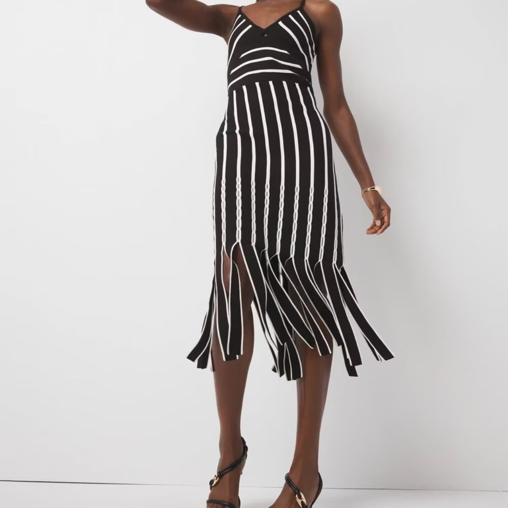 White House Black Market Black Petite S Small Halter Sweater Dress with Fringe